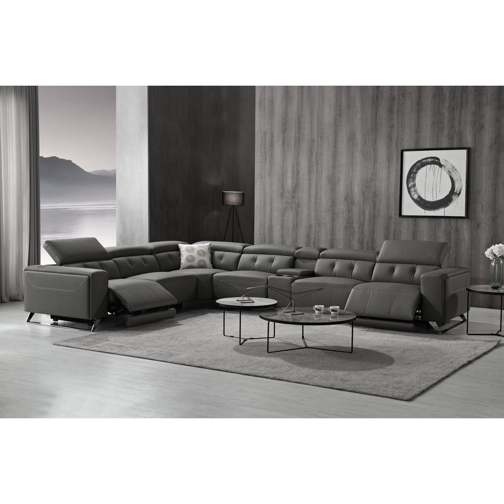 Canapé d'angle avec 2 relax électriques en cuir de buffle italien de luxe, 8 places MONACO, POUF OFFERT, gris foncé, angle gauch