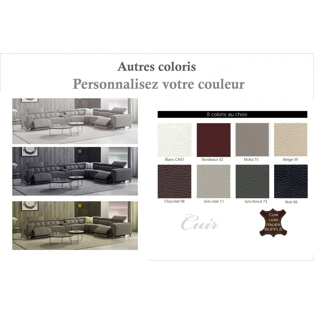 Canapé d'angle avec 2 relax électriques en cuir de buffle italien de luxe, 8 places MONACO, POUF OFFERT, couleur personnalisée,