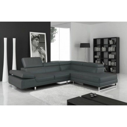 Canapé d'angle en cuir italien 5/6 places Petit GEORGE, gris foncé, angle droit