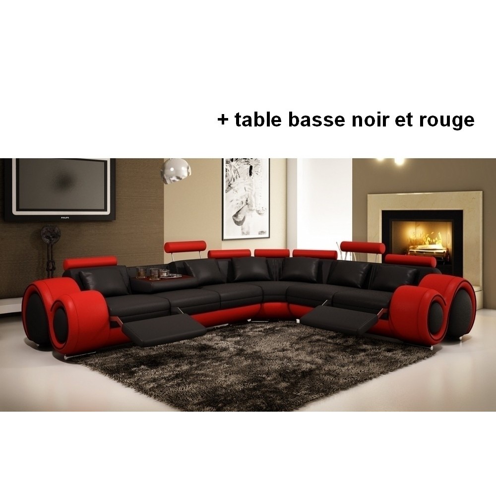 2eme PAIEMENT DE LA COMMANE: Canapé d'angle en cuir italien : 5/6 places petit excelia, noir et rouge, angle droit, Table basse