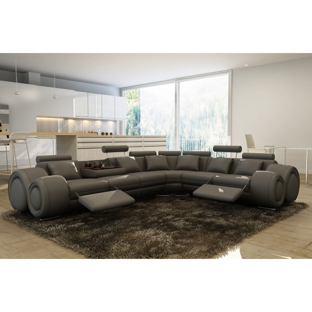2eme paiement de la commande: Canapé d'angle en cuir italien 7 places excelia, gris foncé. 2 poufs offerts, angle droit, 6x sans