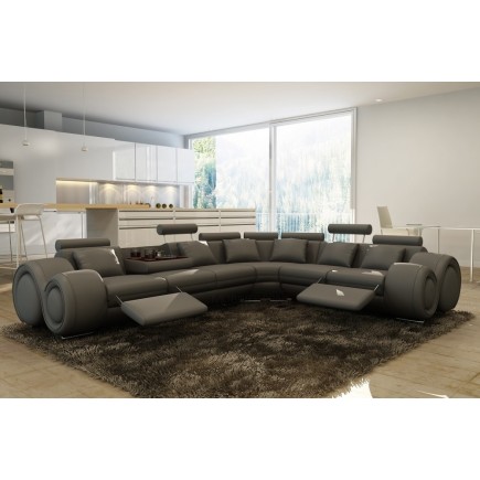 2eme paiement de la commande: Canapé d'angle en cuir italien 7 places excelia, gris foncé. 2 poufs offerts, angle droit, 6x sans
