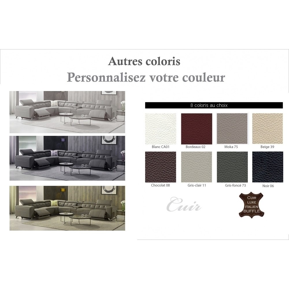 2eme PAIEMENT DE LA COMMANDE: Canapé d'angle avec 2 relax électriques en cuir de buffle italien de luxe, 8 places monaco, person
