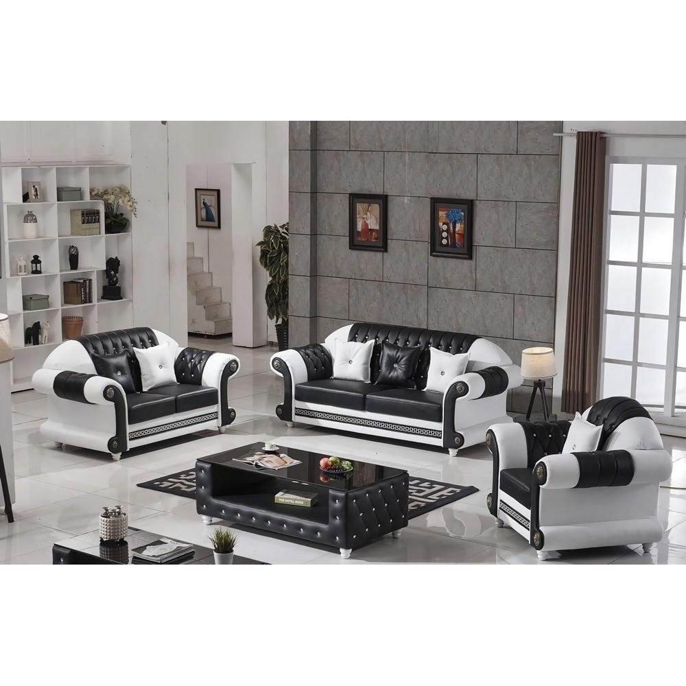 Ensemble canapé 3 places et 2 places et fauteuil en cuir italien cachette LUXOR, noir et blanc