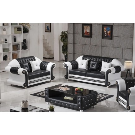 Ensemble canapé 3 places et 2 places et fauteuil en cuir italien cachette LUXOR, noir et blanc