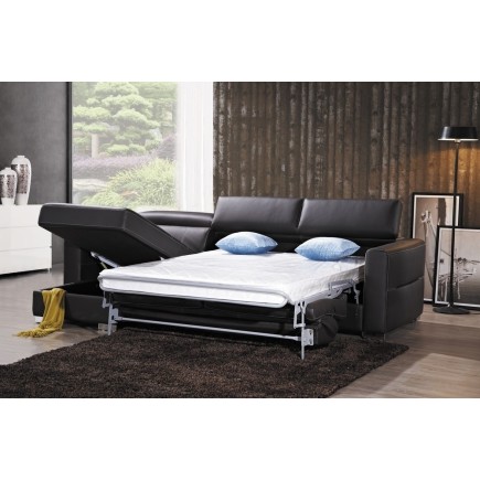 .Canapé d'angle convertible en cuir de buffle italien de luxe 5 places ANTHONY, chocolat, surpiqure chocolat, angle gauche