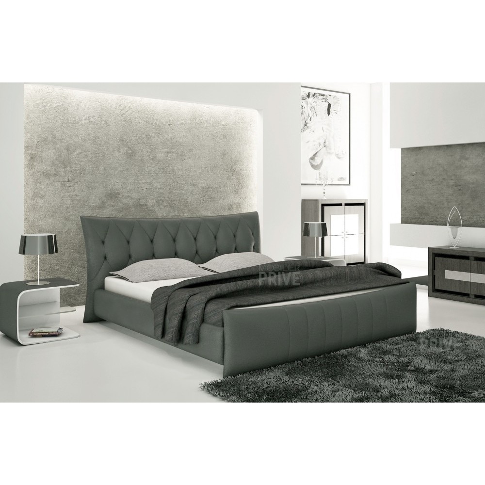 Lit en cuir italien de luxe CAMILLE, gris foncé, 140x190