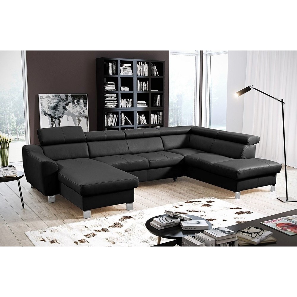 Canapé d'angle convertible en cuir italien de luxe 7/8 places ASTON, noir, angle droit