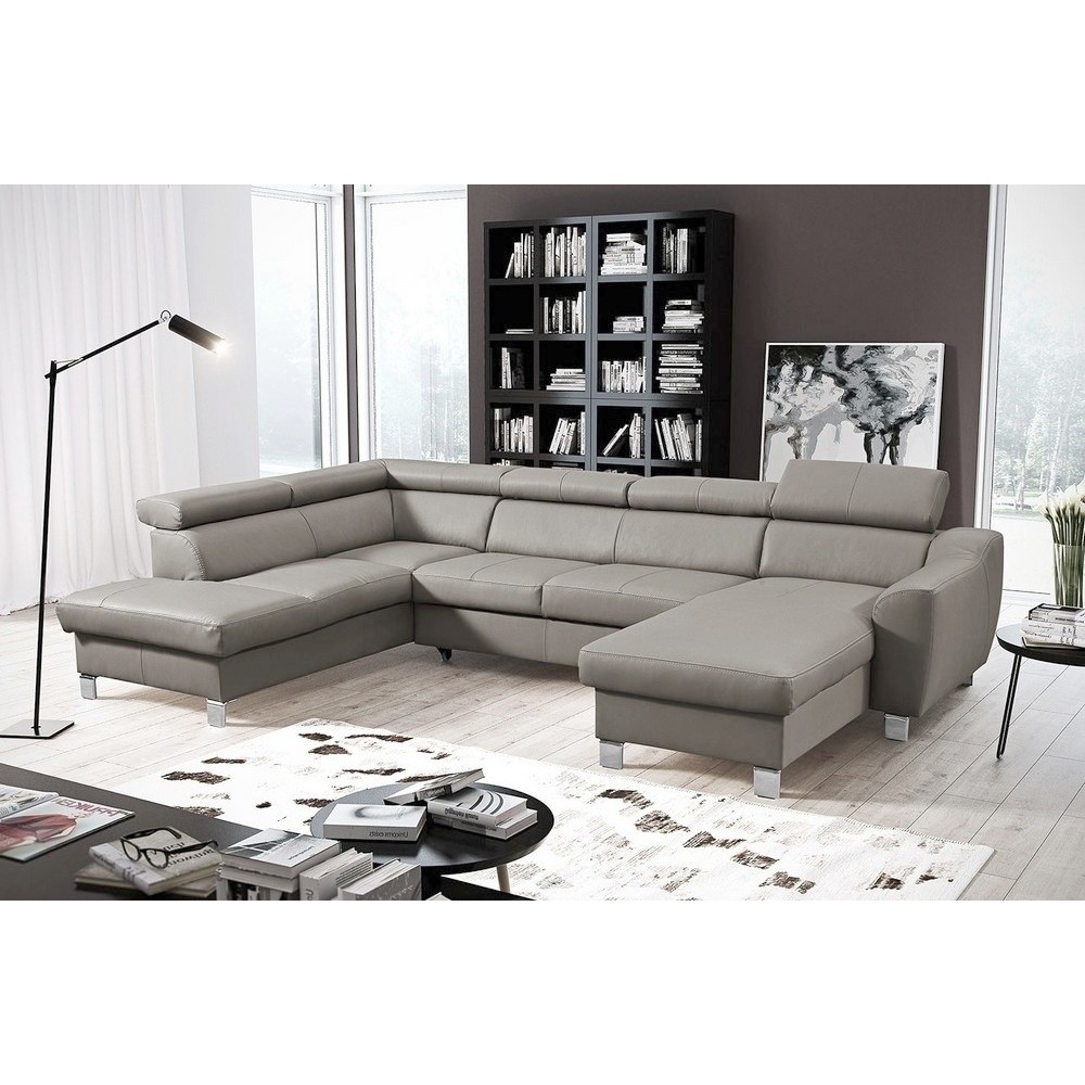Canapé d'angle convertible en cuir italien de luxe 7/8 places ASTON, gris clair, angle gauche