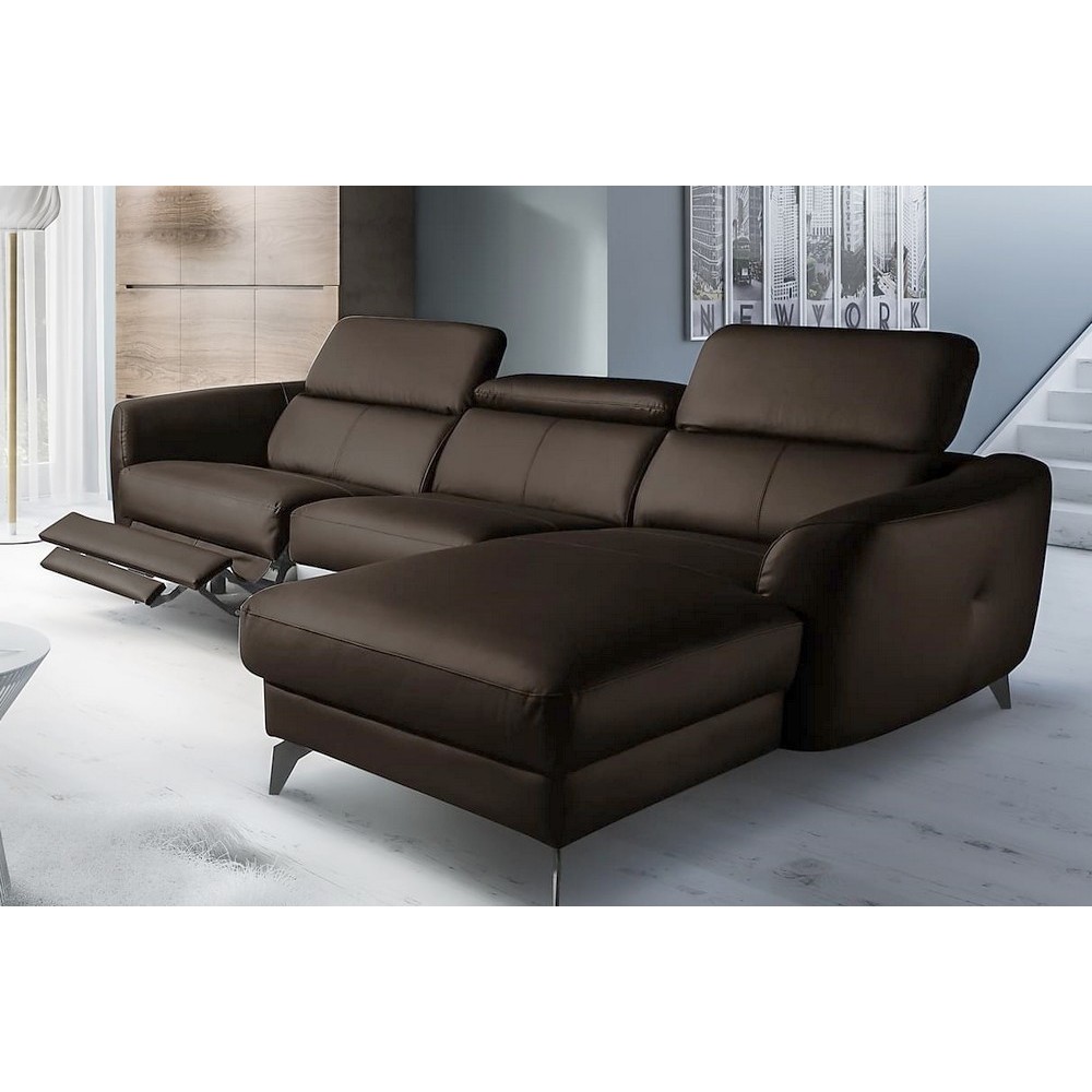 Canapé d'angle relax en cuir de luxe italien avec relax électrique, 5 places BERTONI, chocolat, angle droit