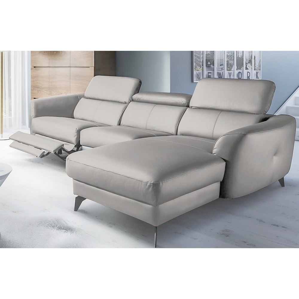 Canapé d'angle relax en cuir de luxe italien avec relax électrique, 5 places BERTONI, gris clair, angle droit