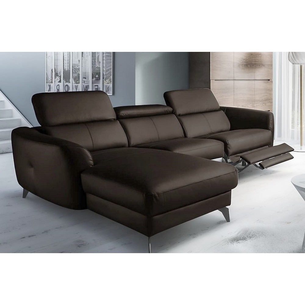 Canapé d'angle relax en cuir de luxe italien avec relax électrique, 5 places BERTONI, chocolat, angle gauche