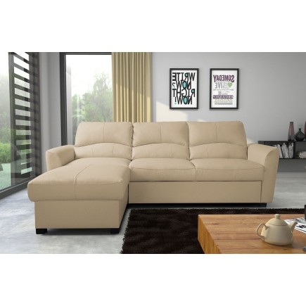 - Canapé d'angle convertible en cuir de luxe italien , 5 places LUGANO, beige, angle gauche