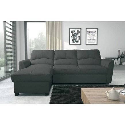 - Canapé d'angle convertible en cuir de luxe italien , 5 places LUGANO, gris foncé, angle gauche