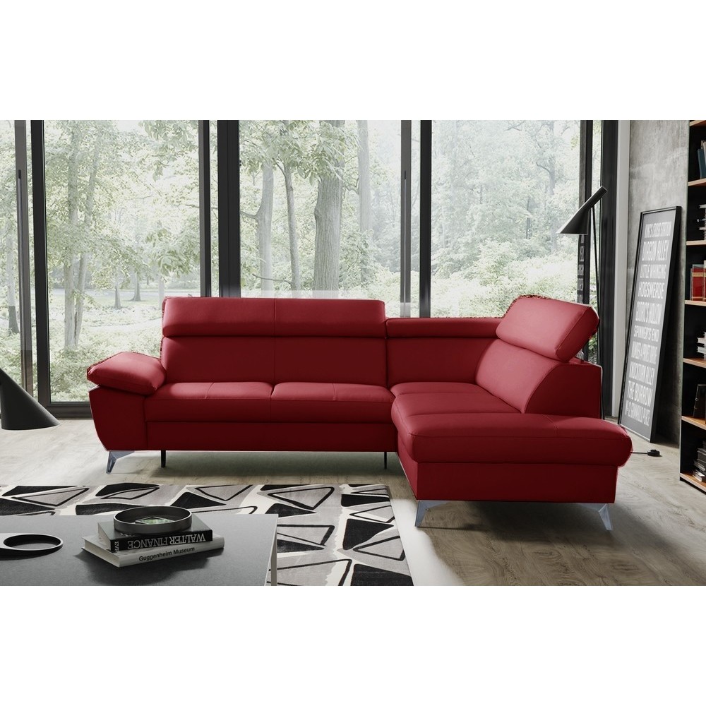 Canapé d'angle convertible en cuir italien de luxe 5 places WARREN II, avec coffre, rouge foncé, angle droit