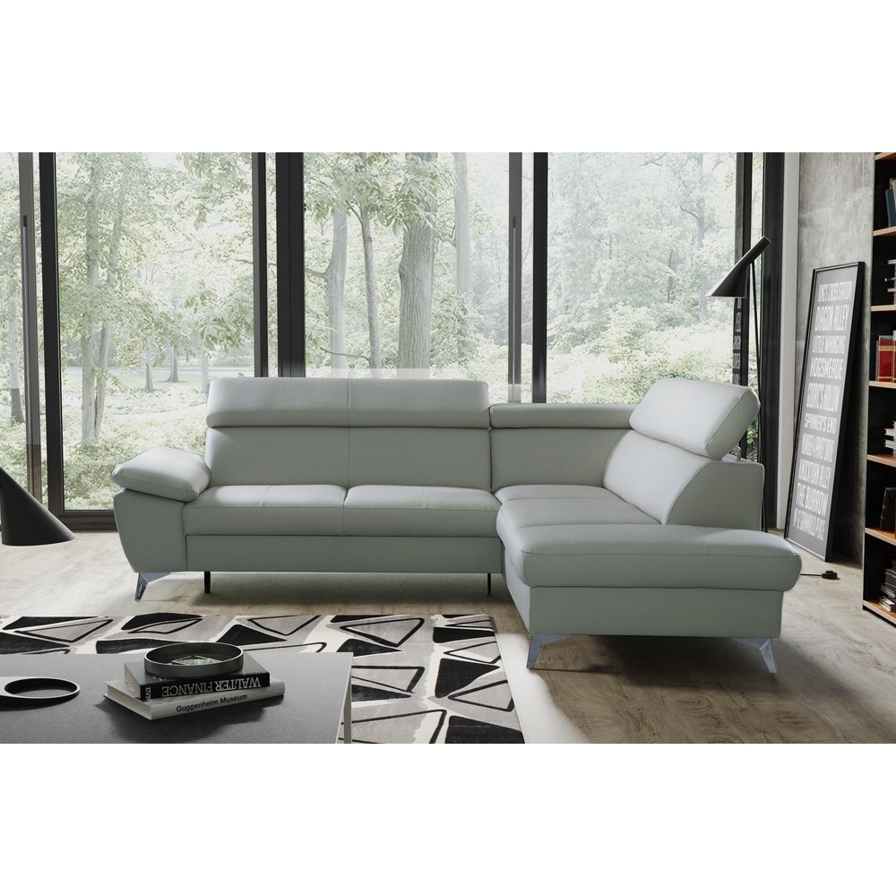 Canapé d'angle convertible en cuir italien de luxe 5 places WARREN II, avec coffre, gris clair, angle droit