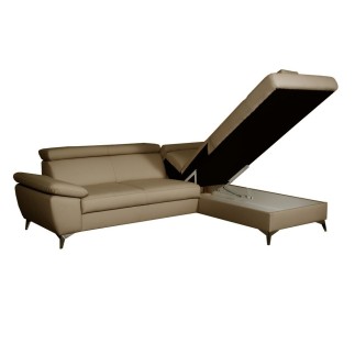 Canapé d'angle convertible en cuir italien de luxe 5 places WARREN II, avec coffre, taupe, angle droit
