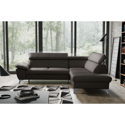 Canapé d'angle convertible en cuir italien de luxe 5 places WARREN II, avec coffre, chocolat, angle droit