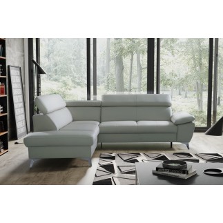 Canapé d'angle convertible en cuir italien de luxe 5/6 places WARREN II, avec coffre, gris clair, angle gauche