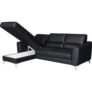- Canapé d'angle convertible en cuir italien de luxe 5 places SANTORIN, avec coffre, noir, angle gauche