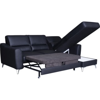 Canapé d'angle convertible en cuir italien de luxe 5 places SANTORIN, avec coffre, noir, angle droit