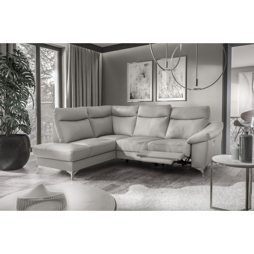 - Canapé d'angle en cuir italien de luxe 5 places LUZERNE, avec relax électrique et coffre, gris clair, angle gauche