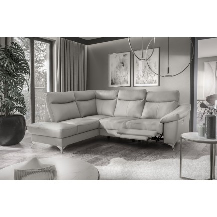 - Canapé d'angle en cuir italien de luxe 5 places LUZERNE, avec relax électrique et coffre, gris clair, angle gauche
