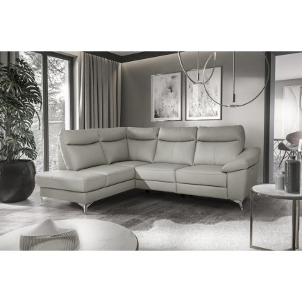 - Canapé d'angle en cuir italien de luxe 5 places LUZERNE, avec relax électrique et coffre, gris clair, angle gauche