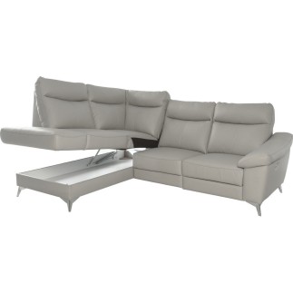 - Canapé d'angle en cuir italien de luxe 5 places LUZERNE, avec relax électrique et coffre, gris clair, angle gauche