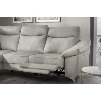 - Canapé d'angle en cuir italien de luxe 5 places LUZERNE, avec relax électrique et coffre, gris clair, angle gauche