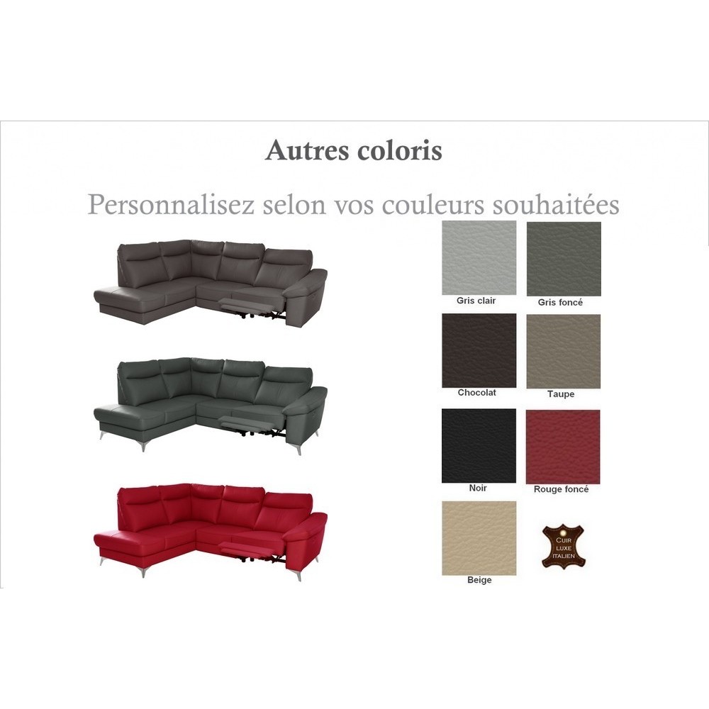 Canapé d'angle en cuir italien de luxe 5 places LUZERNE, avec relax électrique et coffre, couleur personnalisée, angle gauche