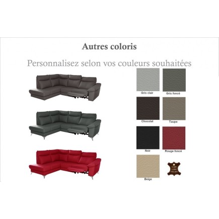 Canapé d'angle en cuir italien de luxe 5 places LUZERNE, avec relax électrique et coffre, couleur personnalisée, angle gauche