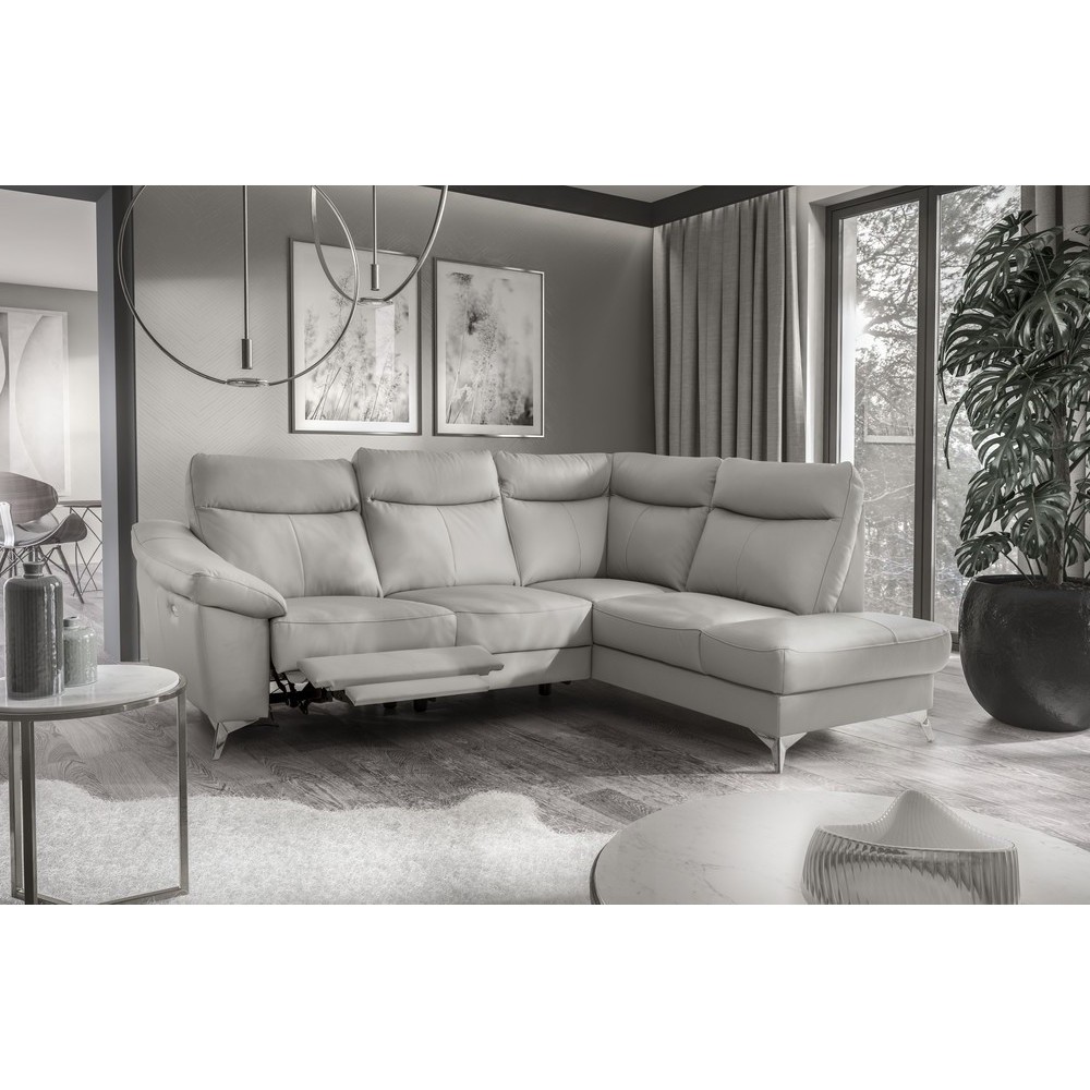 Canapé d'angle en cuir italien de luxe 5 places LUZERNE, avec relax électrique et coffre, gris clair, angle droit