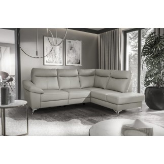 Canapé d'angle en cuir italien de luxe 5 places LUZERNE, avec relax électrique et coffre, gris clair, angle droit