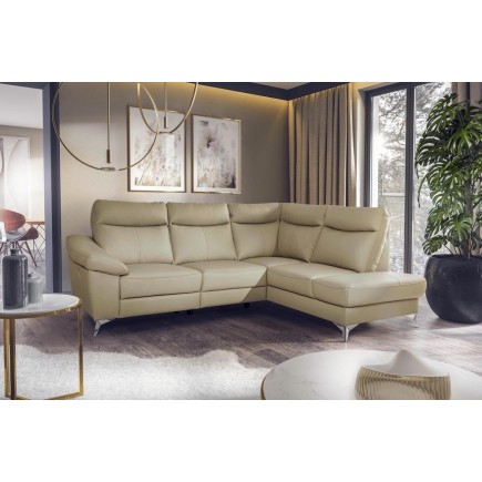 Canapé d'angle en cuir italien de luxe 5 places LUZERNE, avec relax électrique et coffre, beige, angle droit