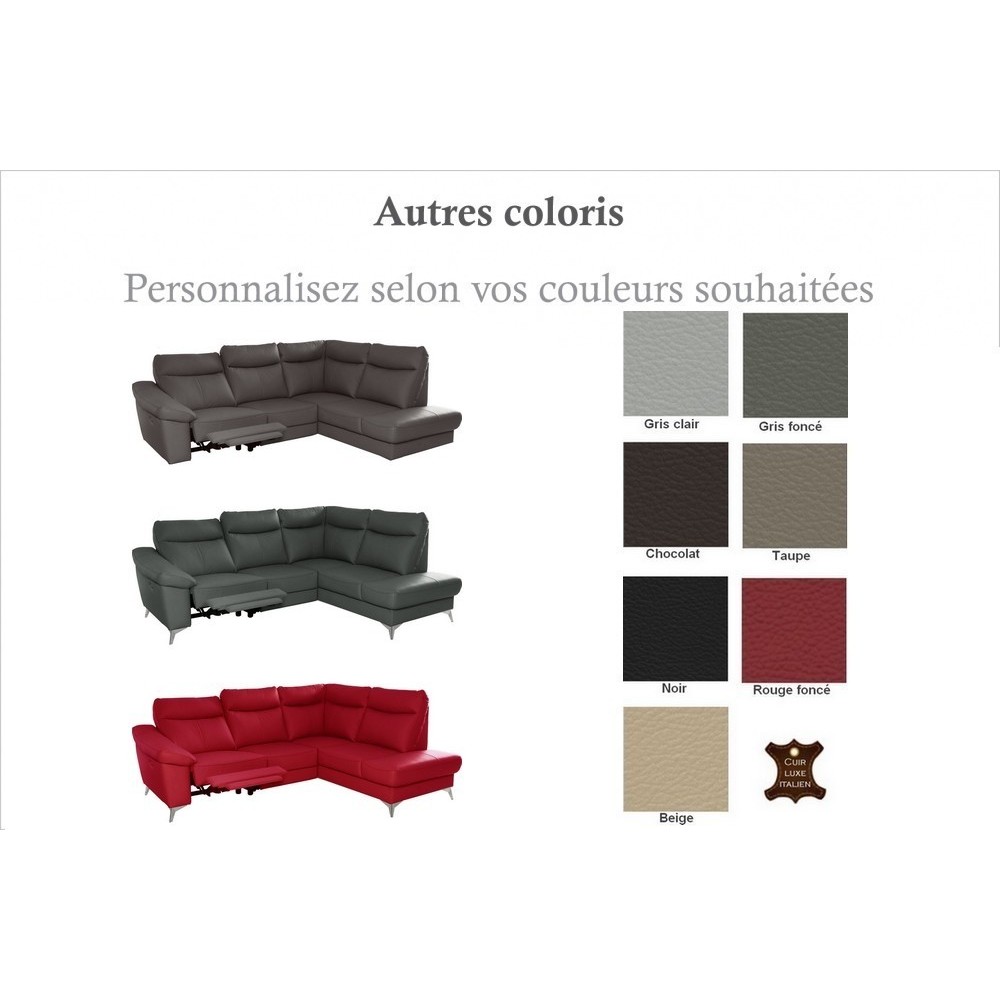 Canapé d'angle en cuir italien de luxe 5 places LUZERNE, avec relax électrique et coffre, couleur personnalisée, angle droit
