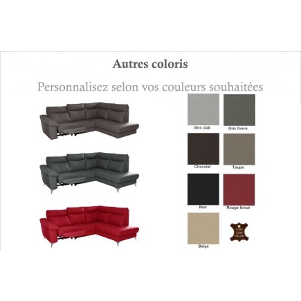 Canapé d'angle en cuir italien de luxe 5 places LUZERNE, avec relax électrique et coffre, couleur personnalisée, angle droit