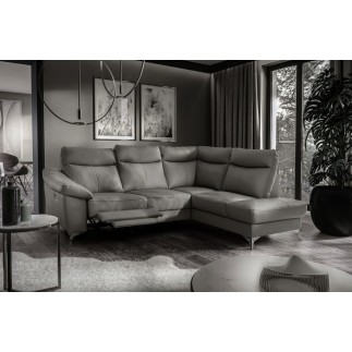 Canapé d'angle en cuir italien de luxe 5 places LUZERNE, avec relax électrique et coffre, gris foncé, angle droit
