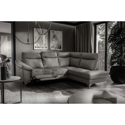 Canapé d'angle en cuir italien de luxe 5 places LUZERNE, avec relax électrique et coffre, gris foncé, angle droit