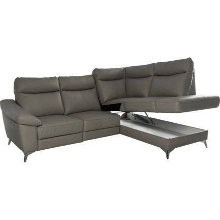 Canapé d'angle en cuir italien de luxe 5 places LUZERNE, avec relax électrique et coffre, gris foncé, angle droit