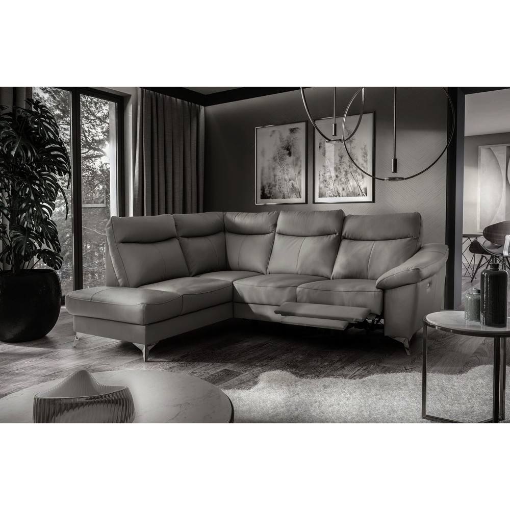 - Canapé d'angle en cuir italien de luxe 5 places LUZERNE, avec relax électrique et coffre, gris foncé, angle gauche