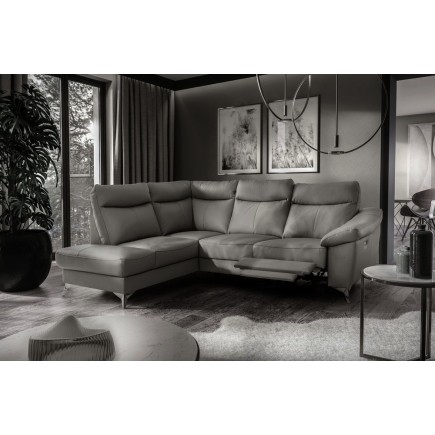 - Canapé d'angle en cuir italien de luxe 5 places LUZERNE, avec relax électrique et coffre, gris foncé, angle gauche