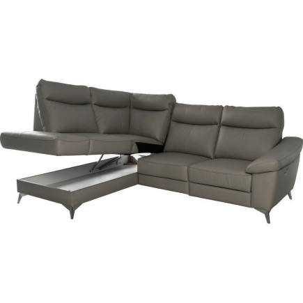 - Canapé d'angle en cuir italien de luxe 5 places LUZERNE, avec relax électrique et coffre, gris foncé, angle gauche