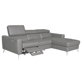 Canapé d'angle en cuir italien de luxe 5 places BOTERO, avec relax électrique, gris clair, angle droit