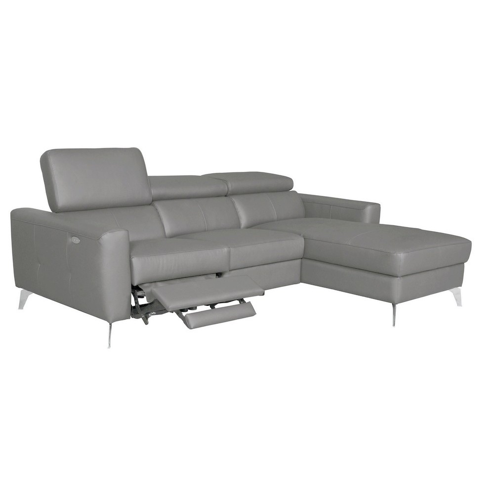 Canapé d'angle en cuir italien de luxe 5 places BOTERO, avec relax électrique, gris clair, angle droit