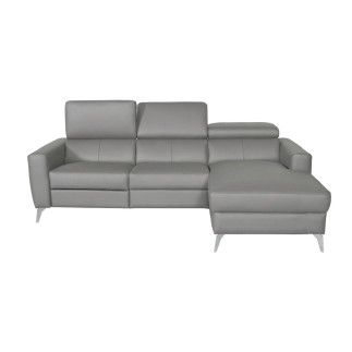 Canapé d'angle en cuir italien de luxe 5 places BOTERO, avec relax électrique, gris clair, angle droit