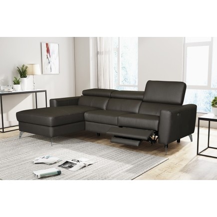 - Canapé d'angle en cuir italien de luxe 5 places BOTERO, avec relax électrique, chocolat, angle gauche