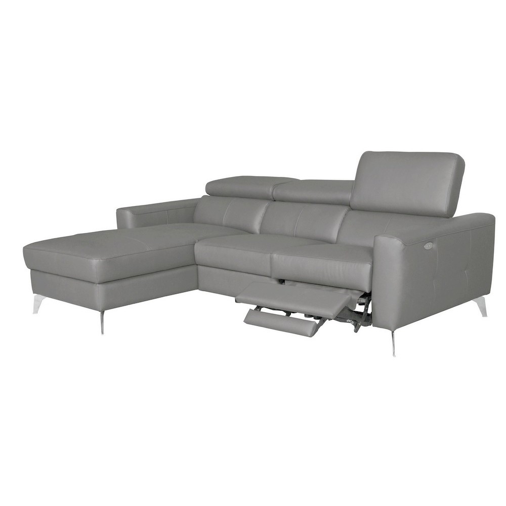 Canapé d'angle en cuir italien de luxe 5 places BOTERO, avec relax électrique, gris clair, angle gauche