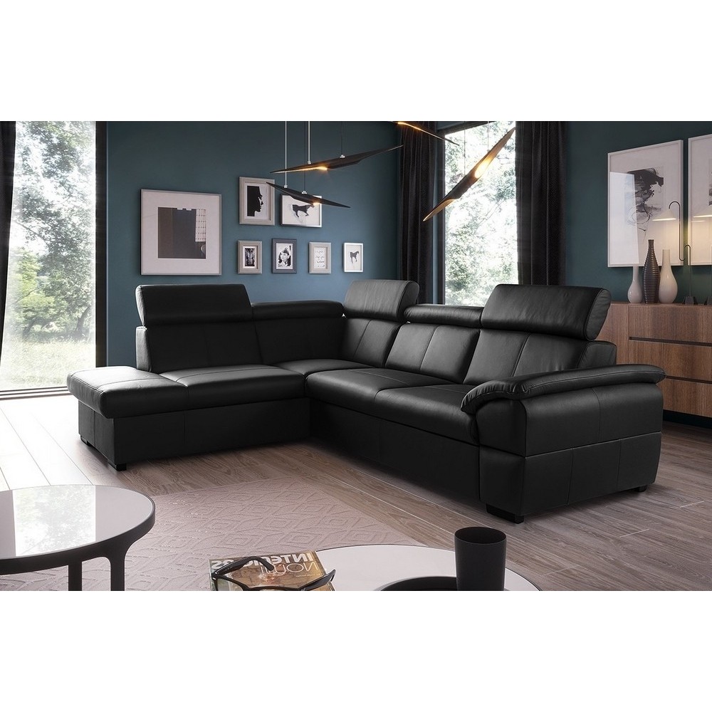 - Canapé d'angle convertible en cuir italien de luxe 5/6 places TONY, avec coffre, noir, angle gauche
