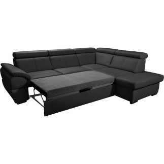 Canapé d'angle convertible en cuir italien de luxe 5/6 places TONY, avec coffre, noir, angle droit